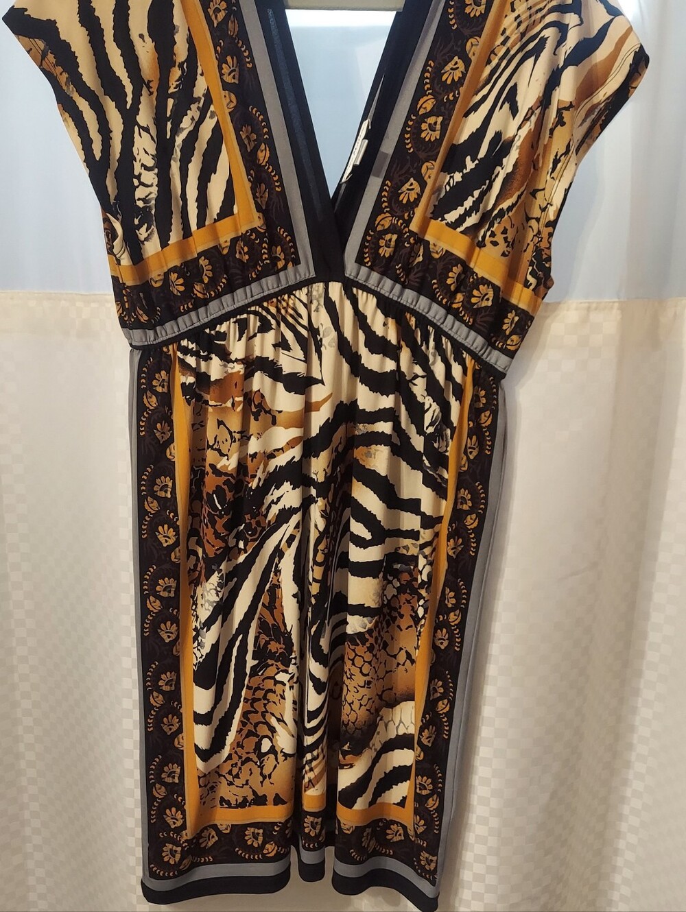 Olivia Matthews Black, Cream & Gold Animal Print V-Neck Dress